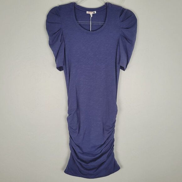 Sundry Ruched Short Puff Sleeve Mini Dress Cotton Stretch Blue Size XS NWT - Picture 1 of 10